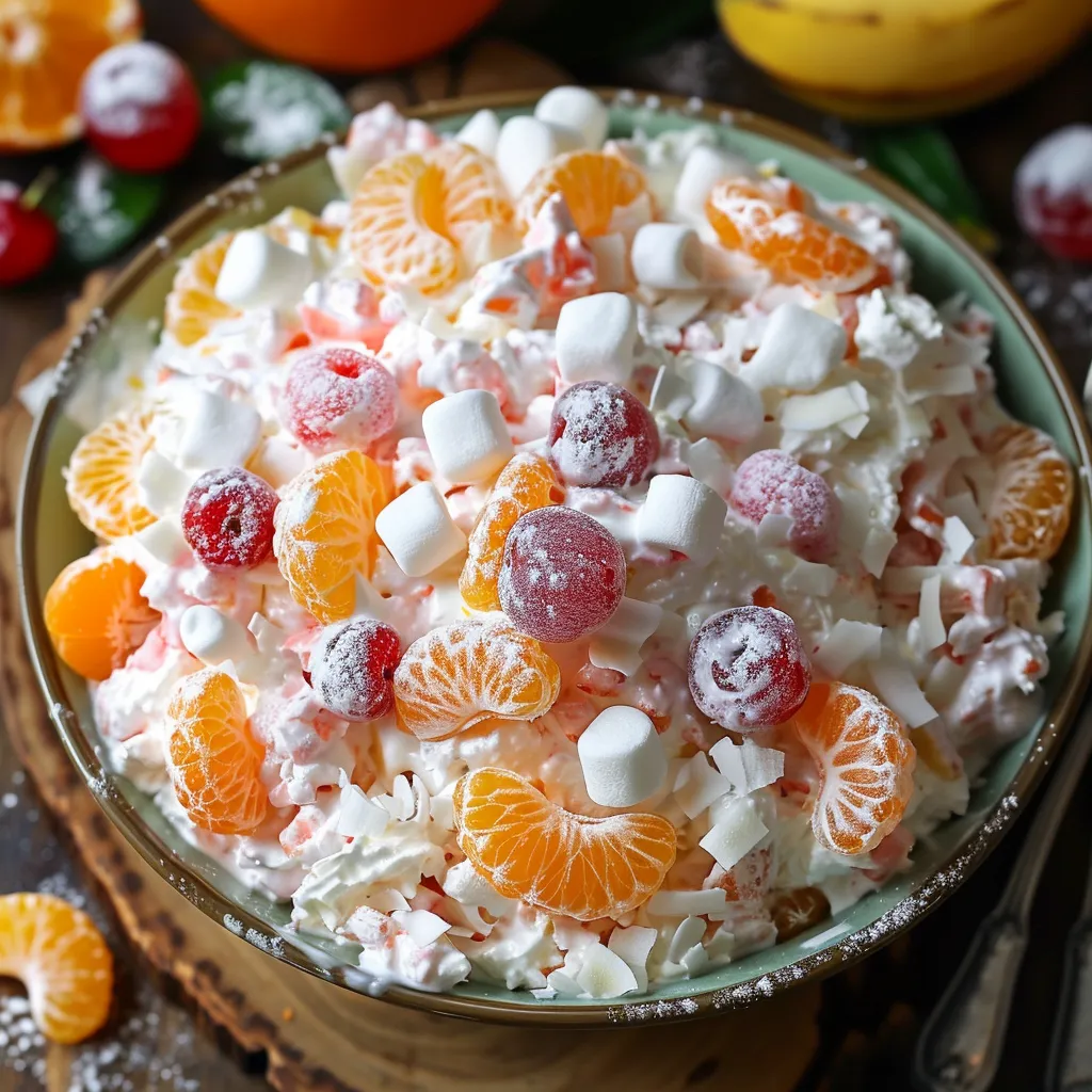 Refreshing ambrosia salad packed with juicy fruits and a creamy base.