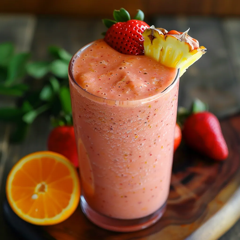 Tropical smoothie blend of mango, orange, and strawberry for a vibrant treat.