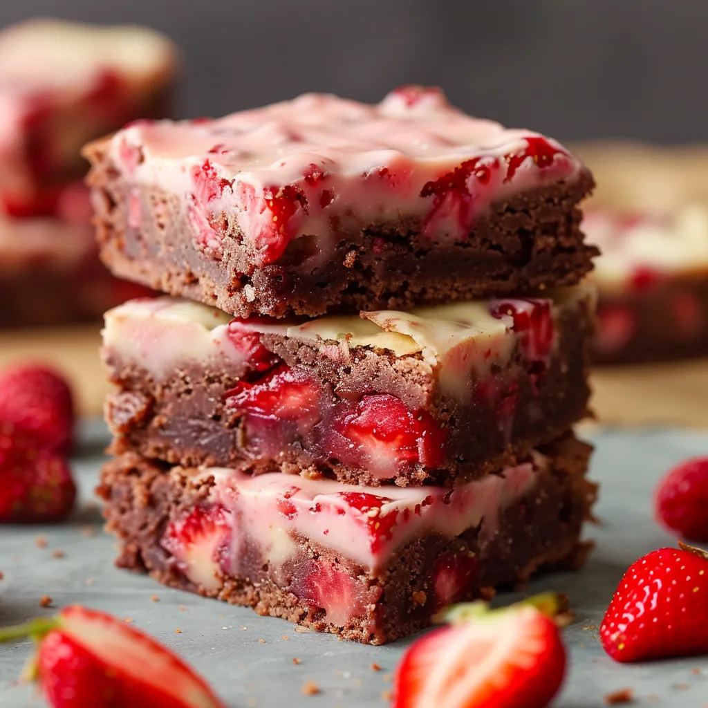 Moist white chocolate brownies topped with juicy strawberries.