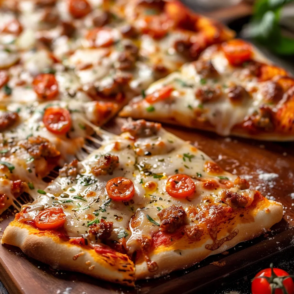 Retro-style school pizza with a crispy bottom and cheesy tomato sauce.