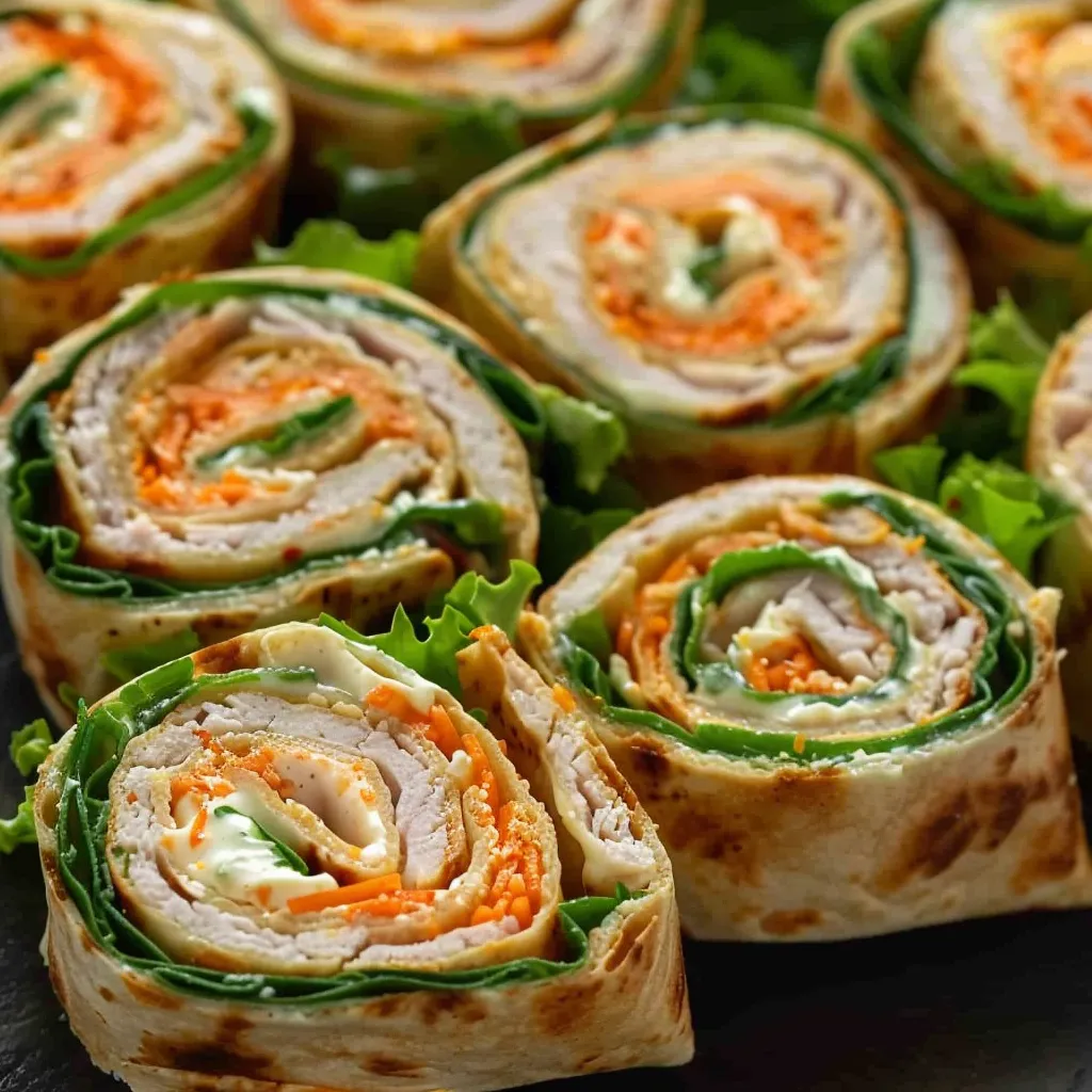 Delicious turkey wraps with cream cheese and fresh veggies.