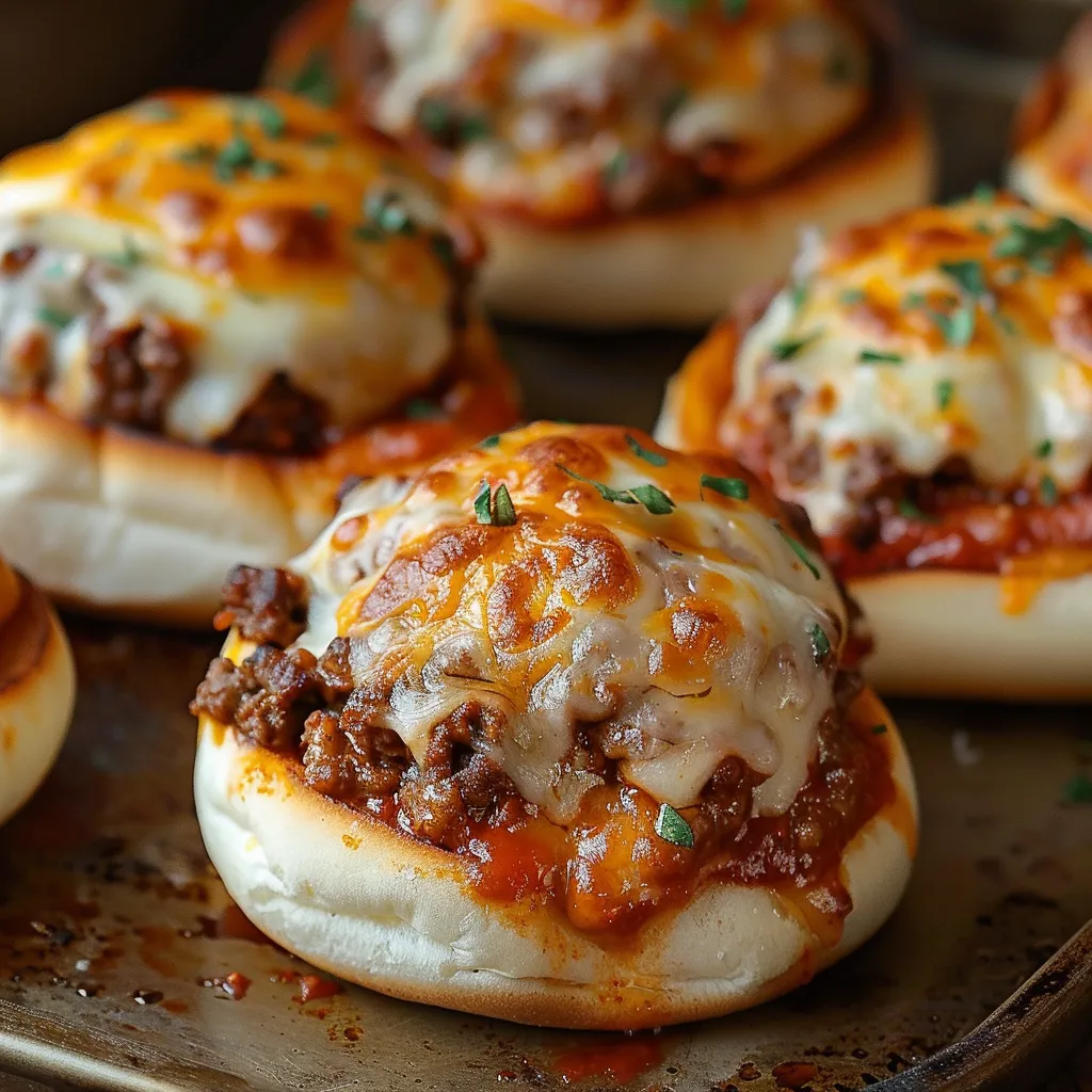 Classic old-school pizza burgers topped with rich sauce and cheese.