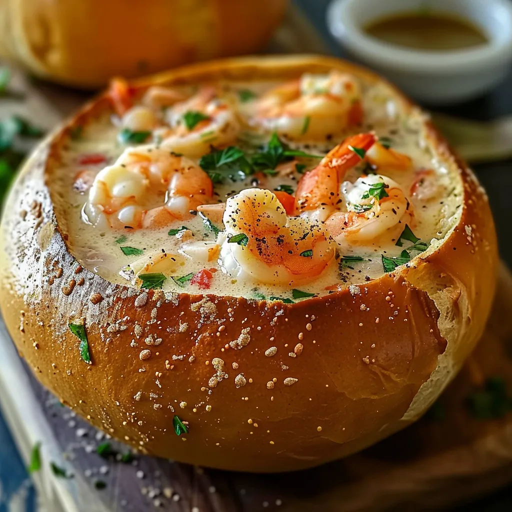 Rich and hearty seafood soup in a perfectly toasted bread bowl.