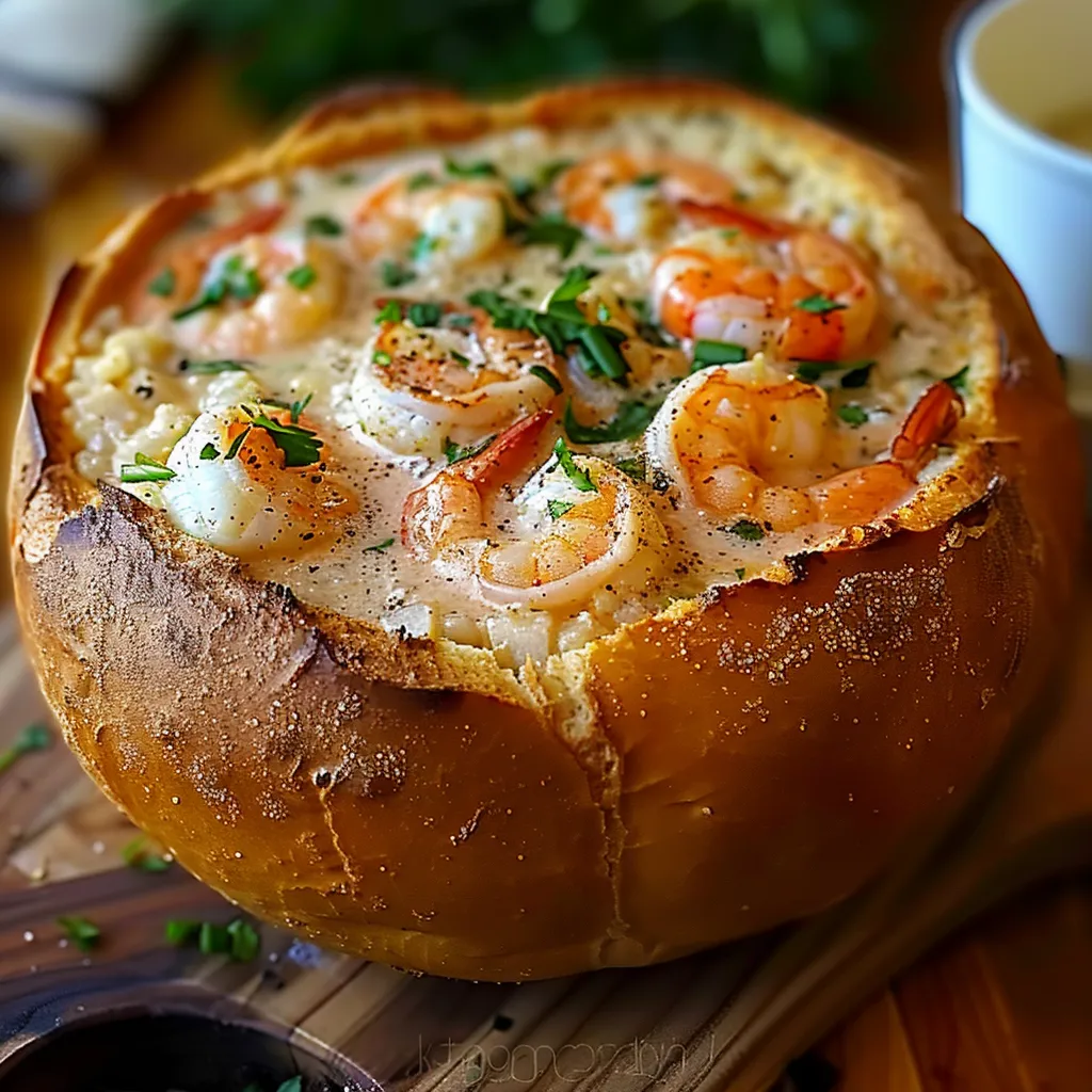 Flavorful stuffed bread bowl filled with savory seafood soup.