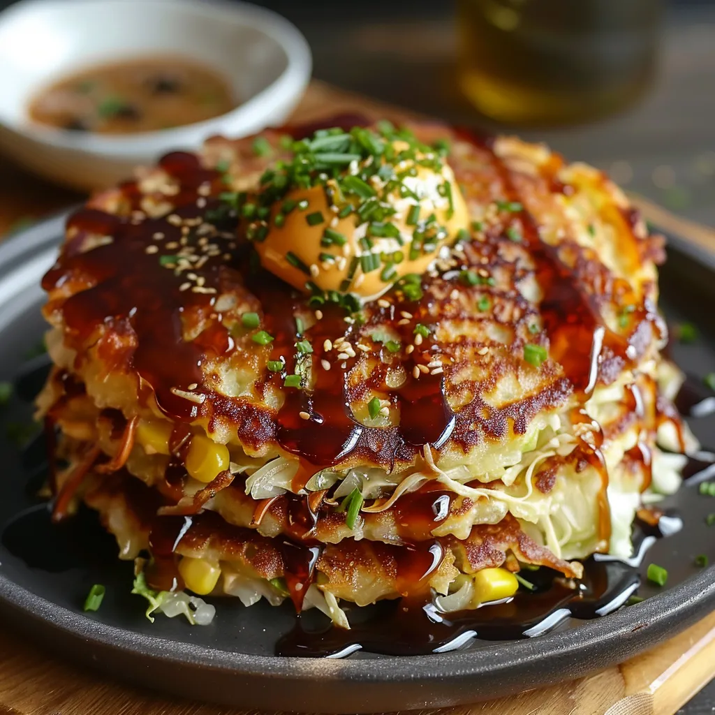 Easy okonomiyaki pancakes topped with mayo, bonito flakes, and sauce.