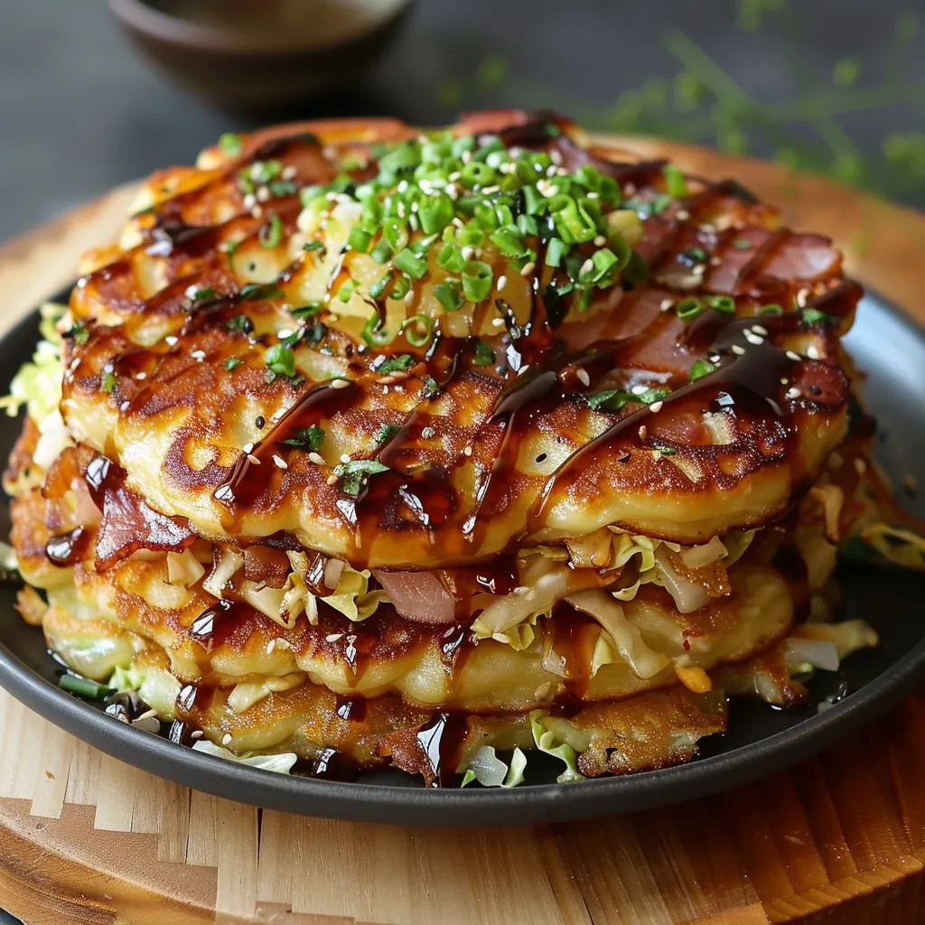 Flavorful Japanese savory pancakes with a golden crust and rich umami taste.