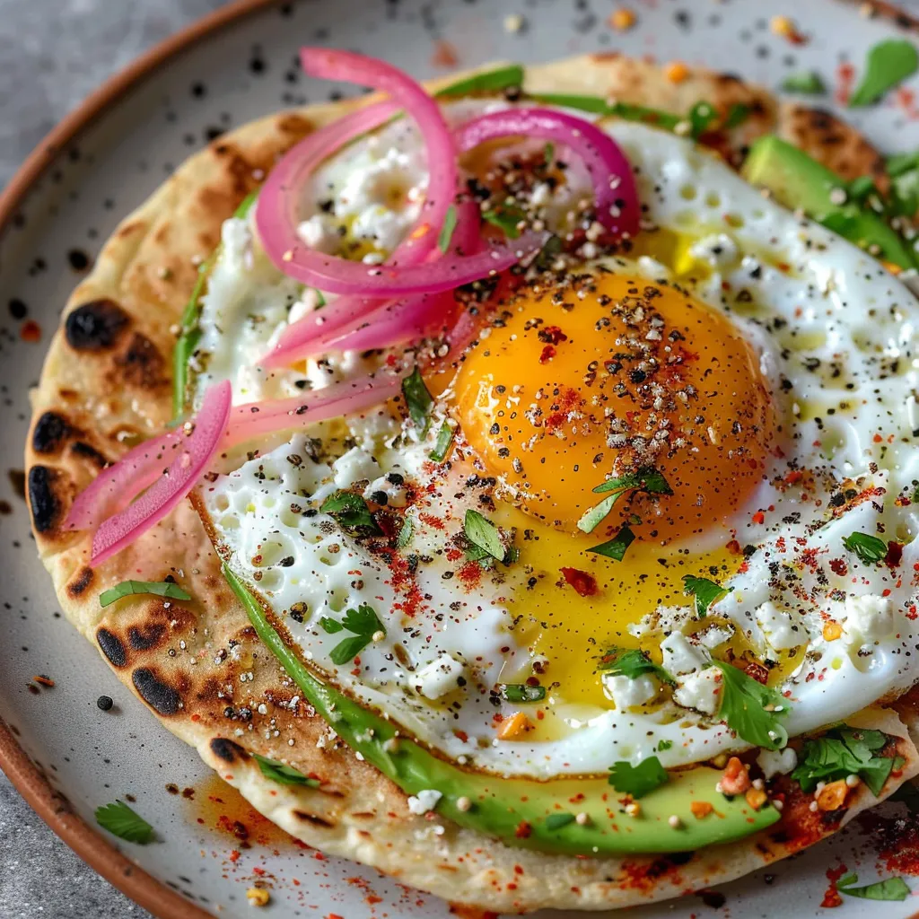 Perfectly fried eggs topped with melted feta and fresh herbs.