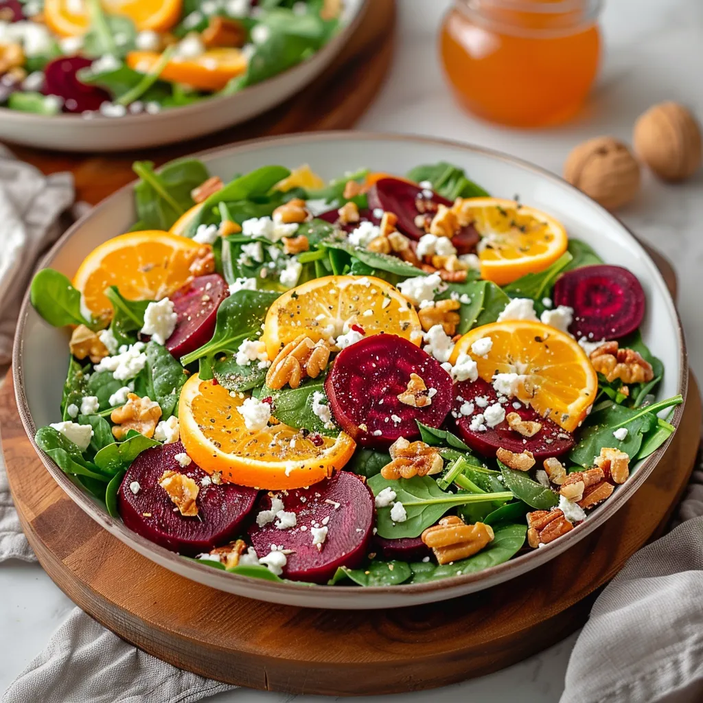 Sweet and tangy beet orange salad topped with fresh greens and nuts.