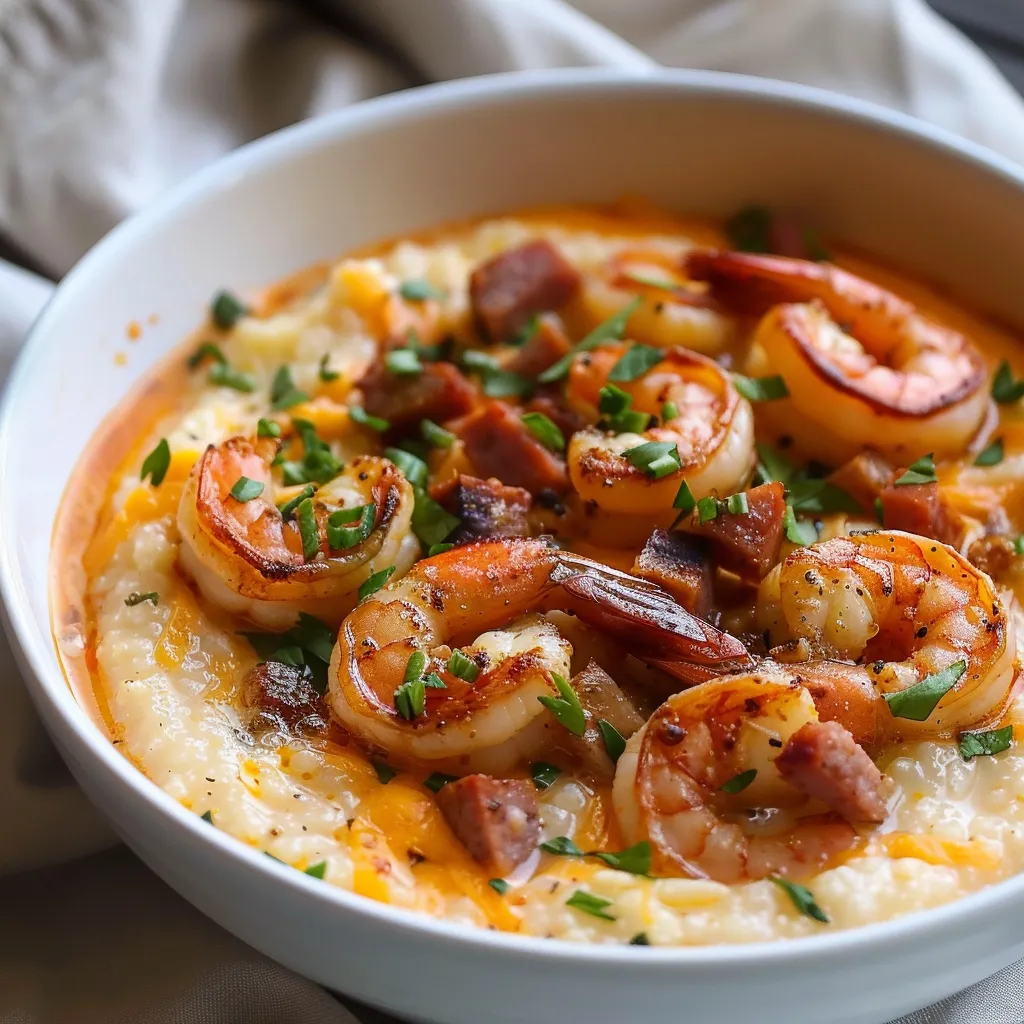 Juicy Cajun shrimp served on top of rich, buttery grits