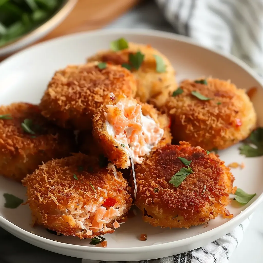 Delicious salmon croquettes served with tartar sauce and a squeeze of lemon.