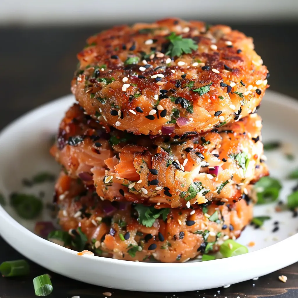 Golden sesame-covered salmon patties with a flavorful, herby inside.