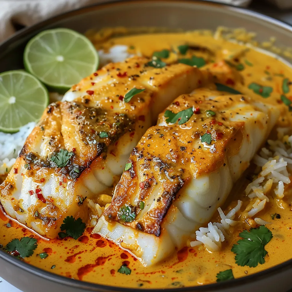 Coconut curry baked cod with fresh herbs and a zesty finish.