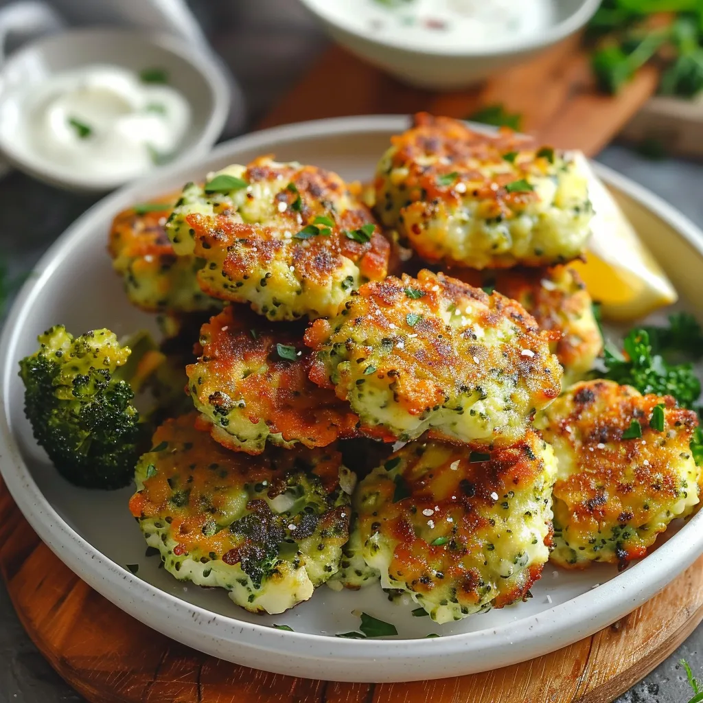 Golden-brown broccoli fritters with a crunchy crust and soft center.