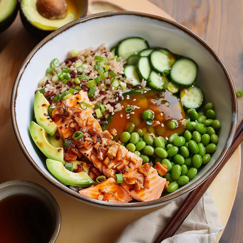 A vibrant bowl of salmon, crispy rice, cucumbers, avocado, and Asian-style dressing.