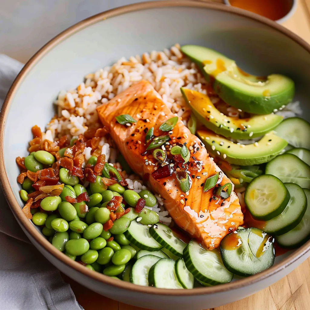 Crispy rice paired with salmon, cucumber, and a rich Asian-style dressing.