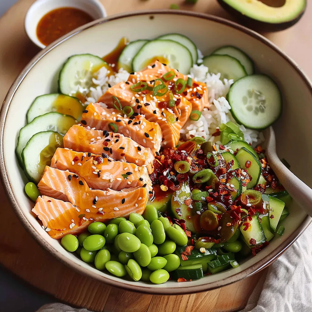 Flavorful salmon cucumber salad topped with crispy rice and tangy dressing.