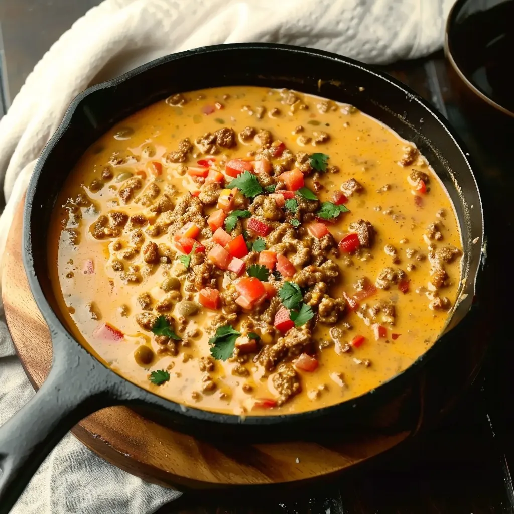 Skillet filled with savory beef queso, topped with fresh herbs, accompanied by crispy chips.