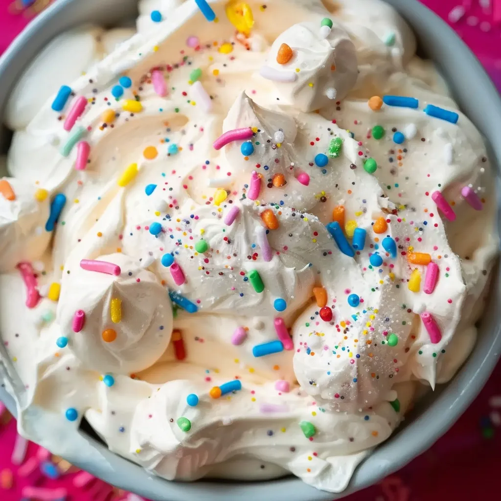 Creamy funfetti cake batter dip adorned with rainbow sprinkles, paired with graham crackers.