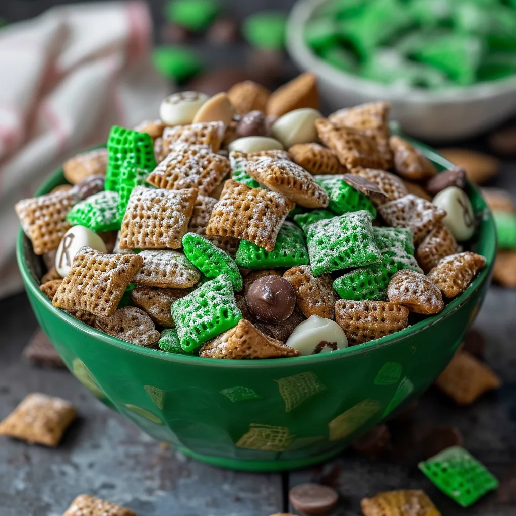 A bowl of sweet, football-themed puppy chow covered in powdered sugar and chocolate.