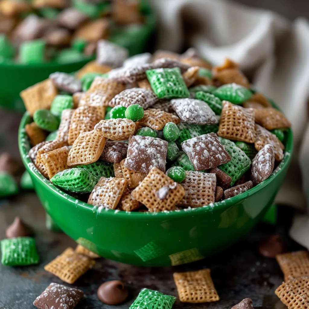 Bowl of football-themed puppy chow, perfect for game day snacking.