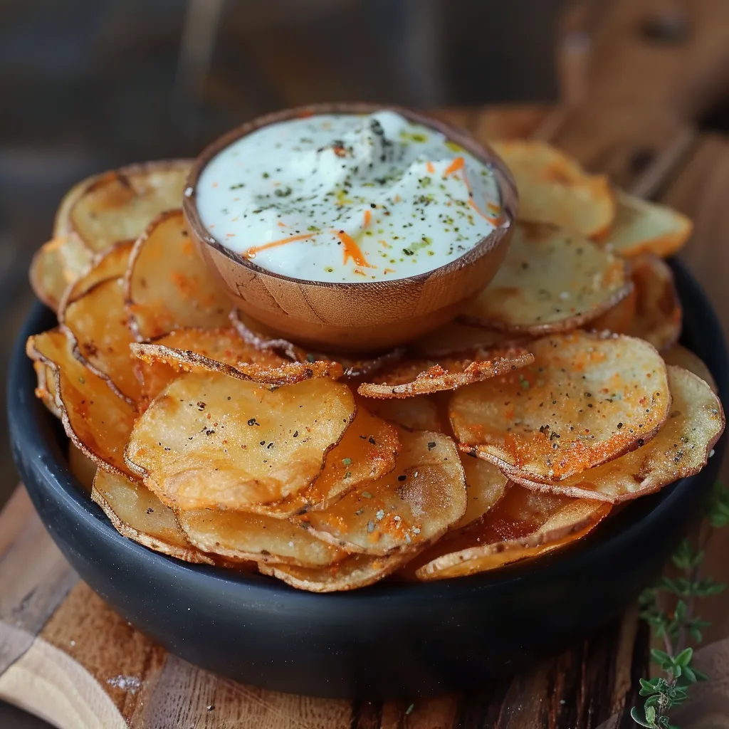 Freshly made buffalo-spiced potato chips paired with a creamy dipping sauce.