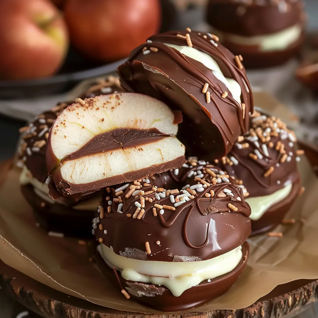 Fresh apple slices coated in caramel and chocolate, sprinkled with crushed candy.