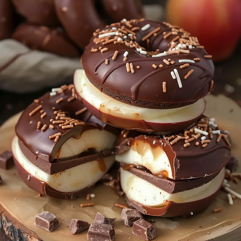 Caramel-dipped apple slices covered in chocolate and festive toppings, perfect for parties.