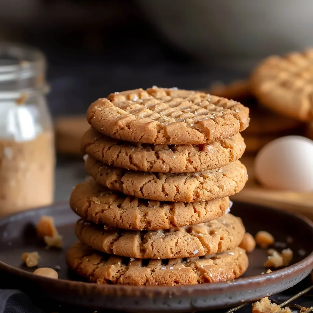 Freshly baked peanut butter cookies from the air fryer, with a classic crisscross pattern.