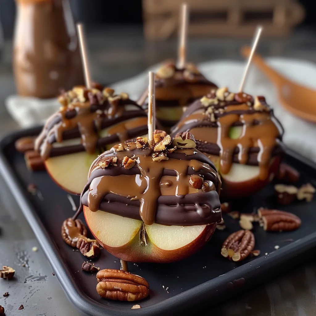 Crisp apple slices dressed up with caramel, chocolate, and chopped pecans in a delicious turtle-style snack.