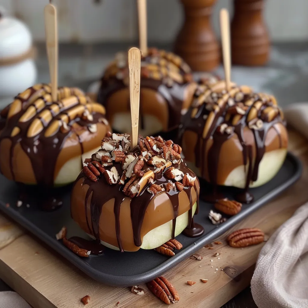 Caramel-dipped apple slices topped with chocolate drizzle and crunchy pecans.