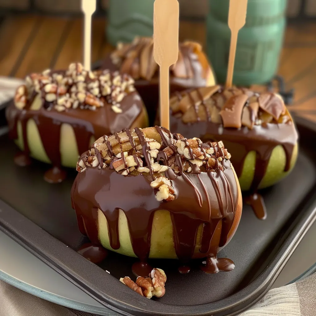 Turtle-style apple slices with layers of caramel, chocolate, and nuts.