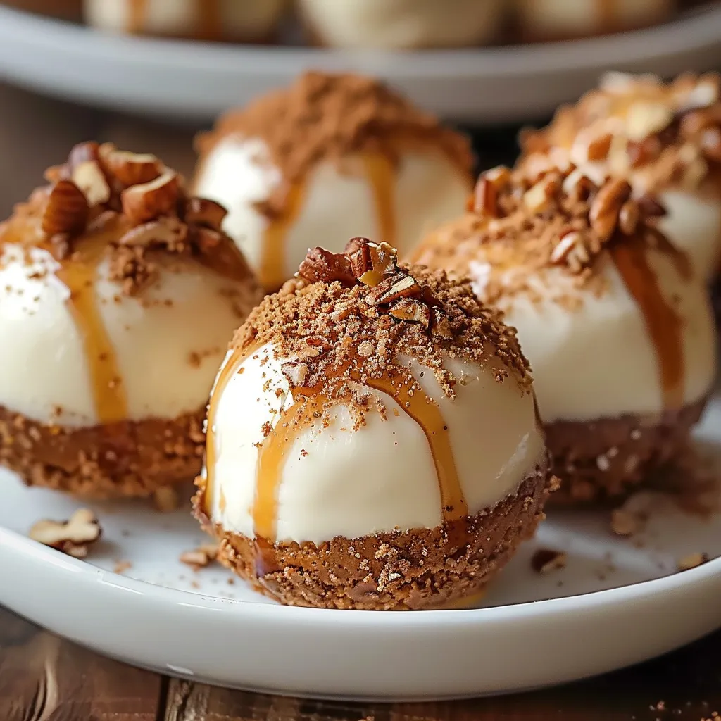 Pumpkin cheesecake balls with white chocolate coating and hints of cinnamon spice.