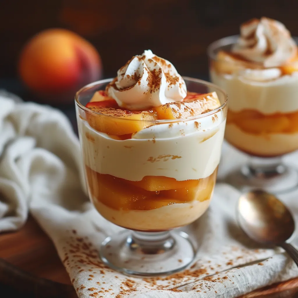 Luscious peach panna cotta served with whipped cream and peach wedges.