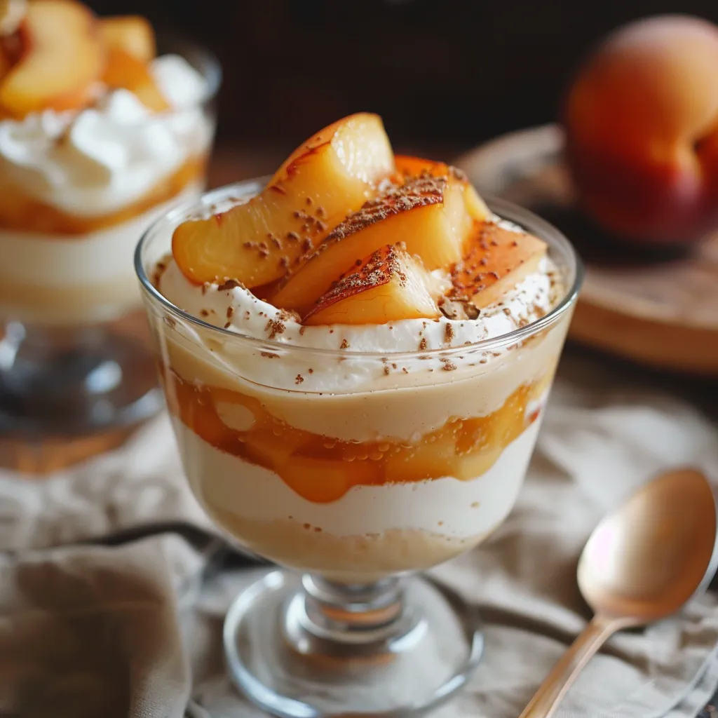 Vanilla bean panna cotta with a peach layer and rum-flavored whipped cream.