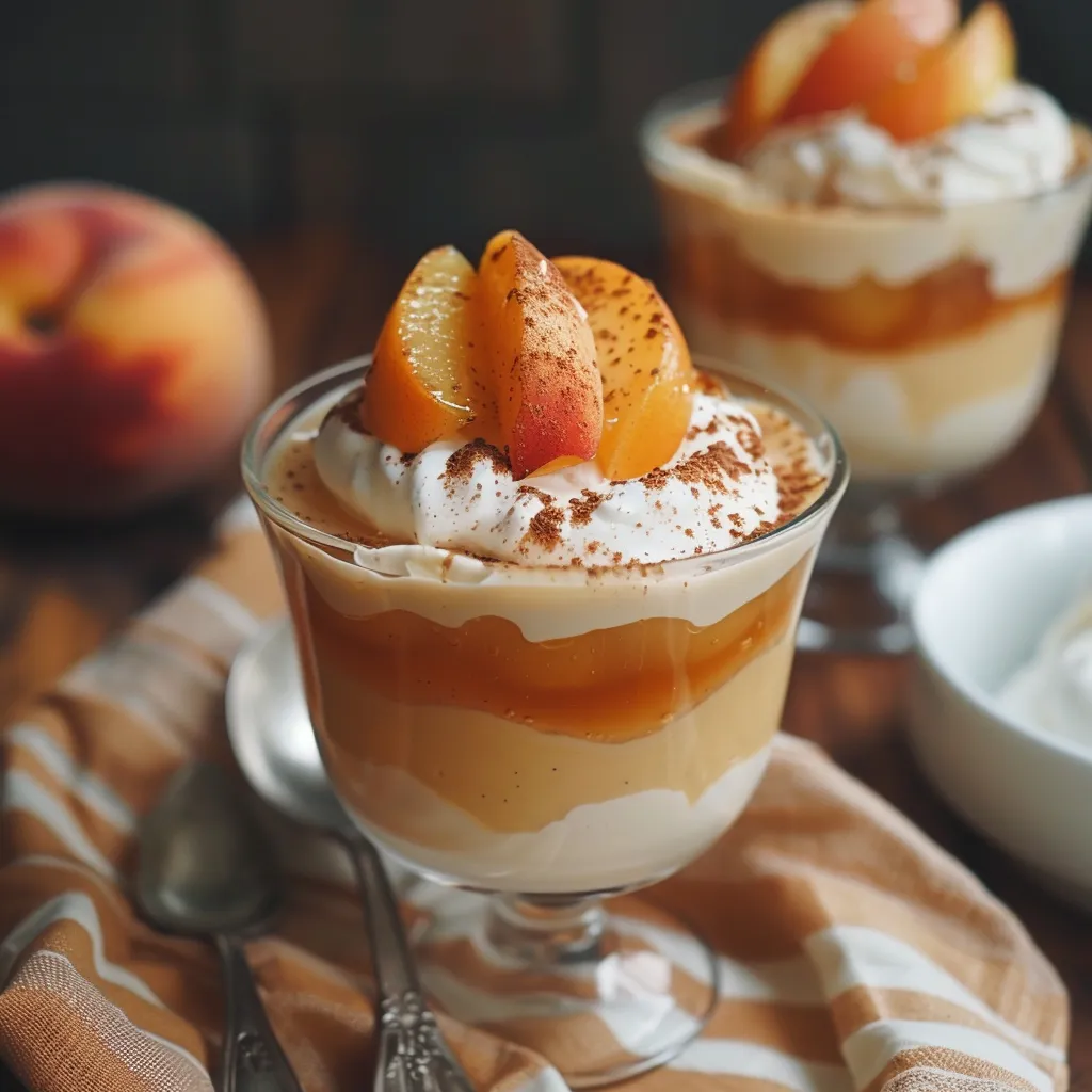 Elegant peach panna cotta dessert served with a dollop of rum whipped cream.