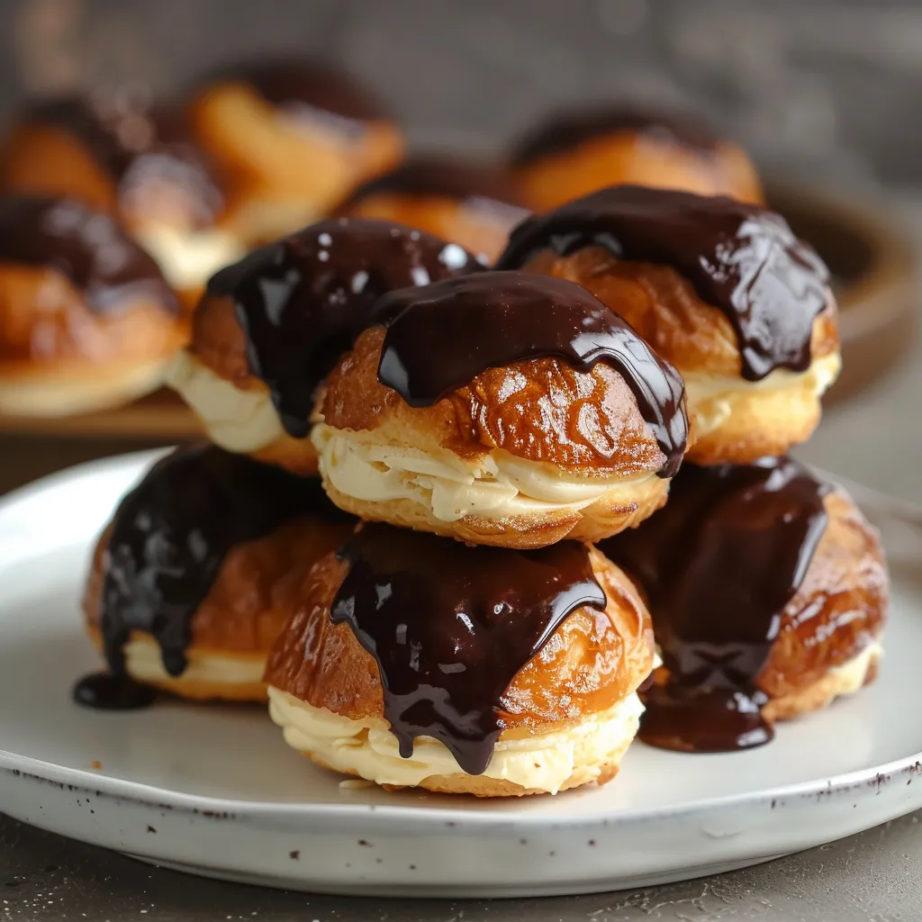 Golden profiteroles filled with vanilla cream and glossy chocolate on top.