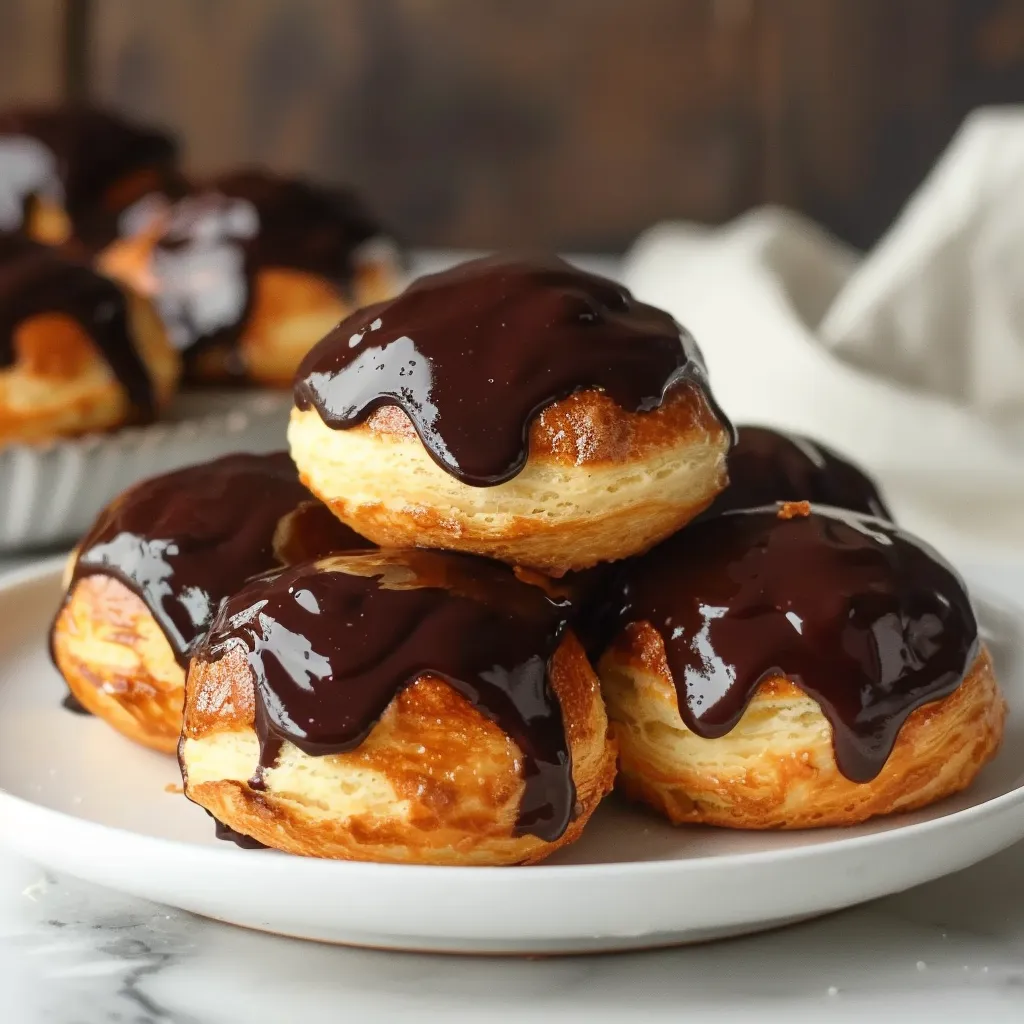 Fresh homemade profiteroles filled with chocolate cream and topped with glaze.