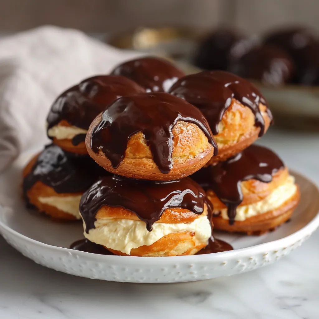 Creamy chocolate profiteroles stacked on a plate and drizzled with chocolate.