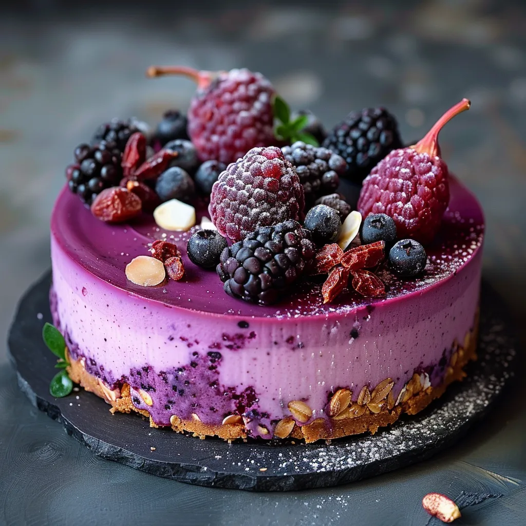 Bright, layered pitaya cheesecake topped with black goji berries, a stunning visual treat.