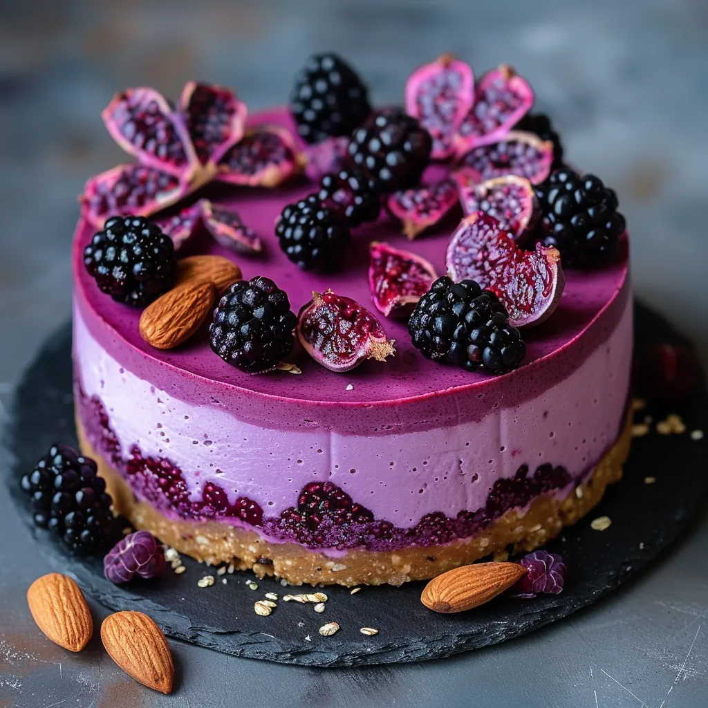 Black goji berry and pitaya cheesecake topped with fresh fruit and edible flowers