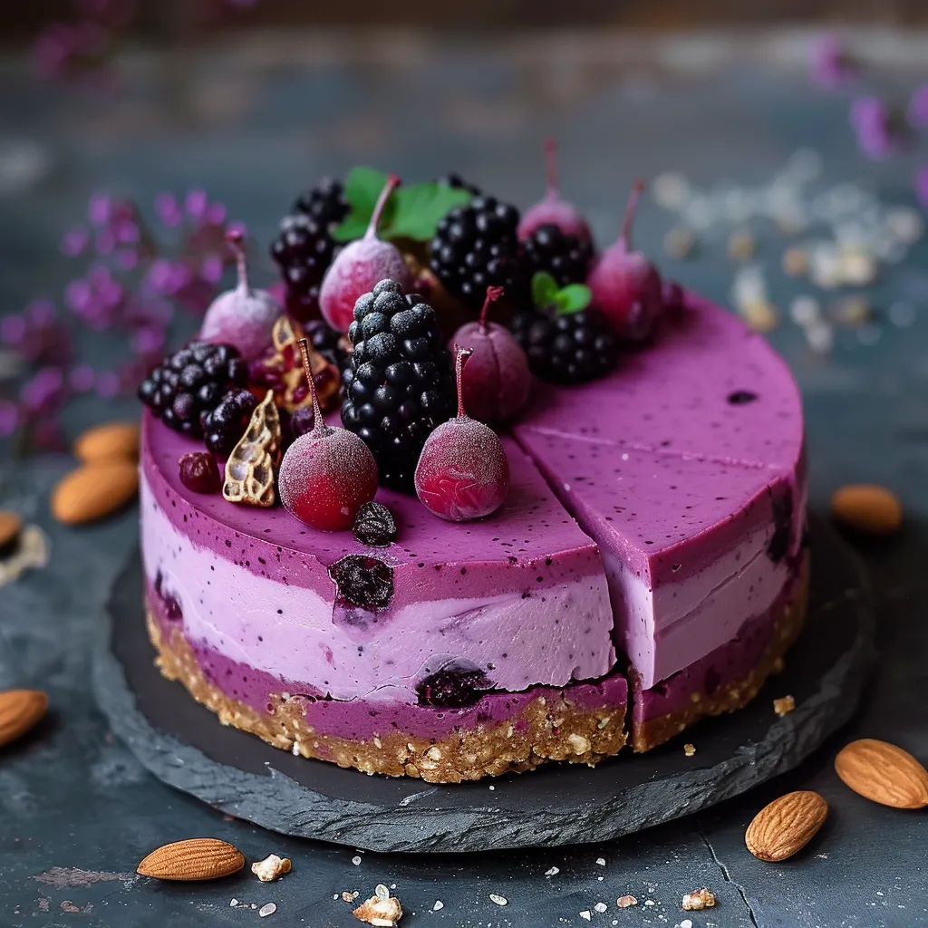 Pitaya cheesecake swirled with goji berry flavor for a stunning presentation.