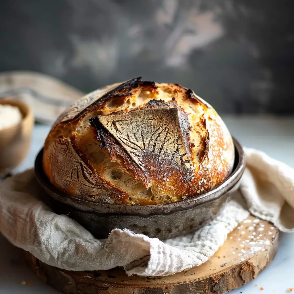 Sliced sourdough loaf with a swirl of cinnamon honey butter on top.