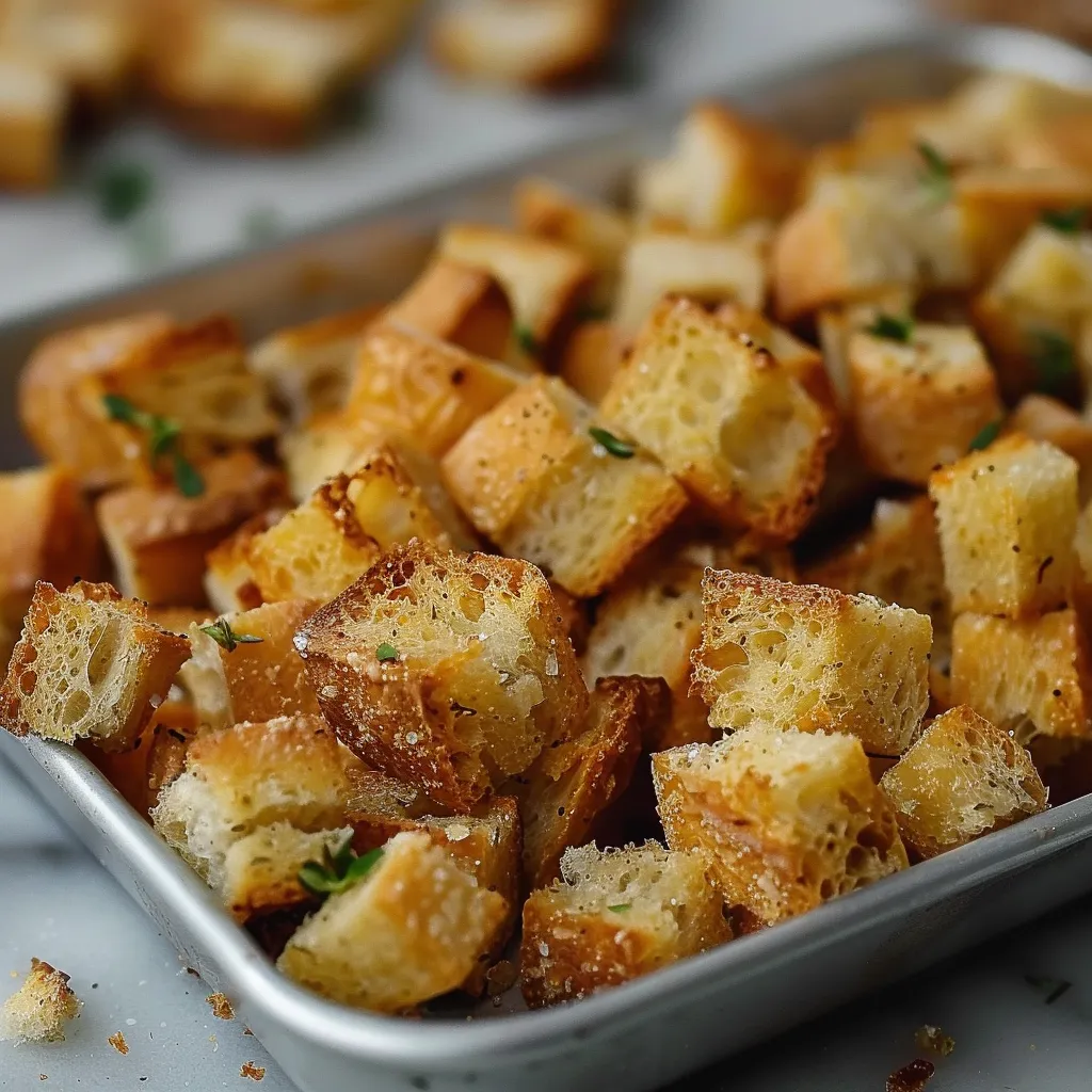 Golden sourdough croutons perfect for soups and salads, straight from the oven.