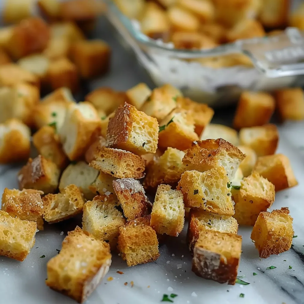 Freshly baked sourdough croutons with a savory, crispy texture.