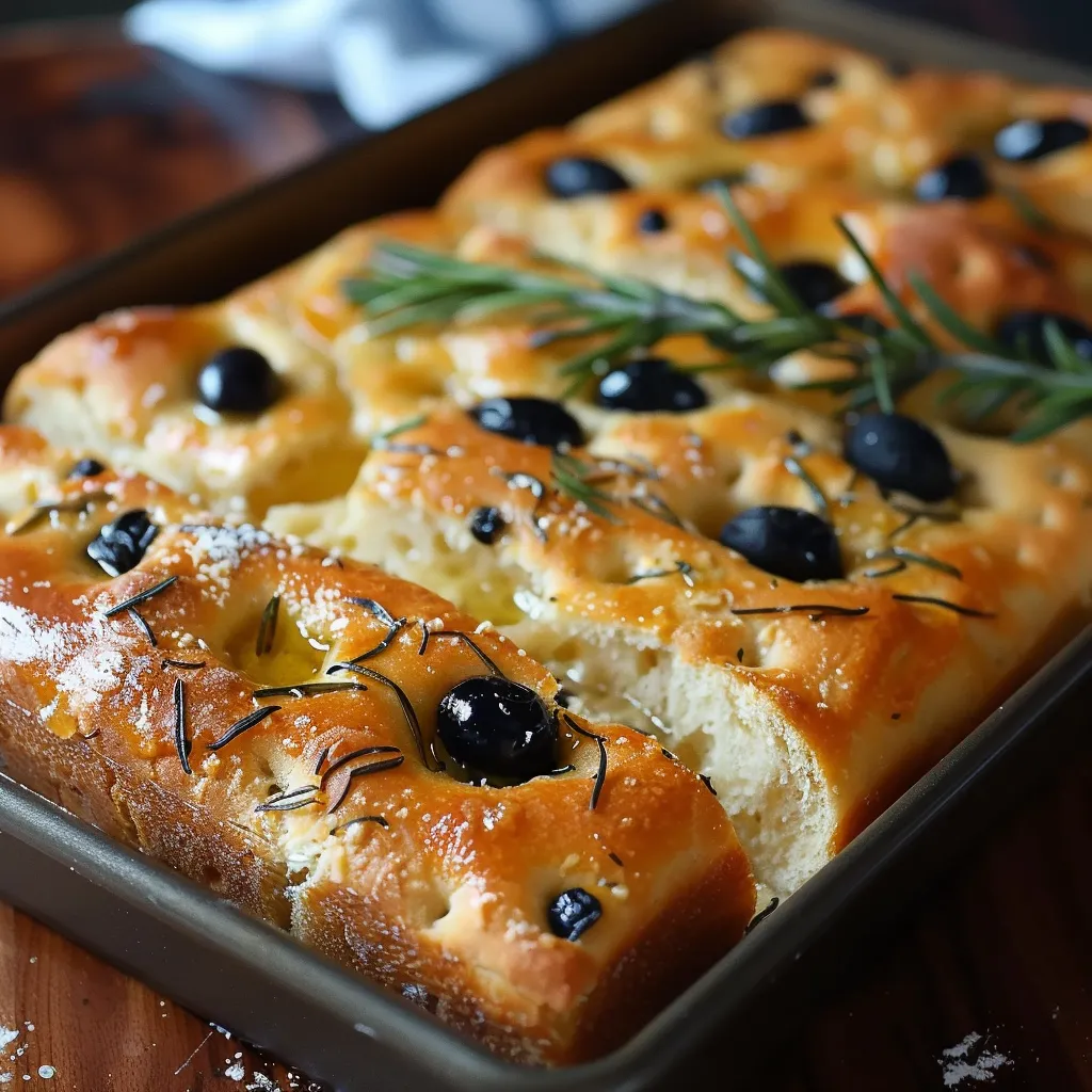 Freshly baked focaccia in a loaf tin, with a soft interior and crisp crust.