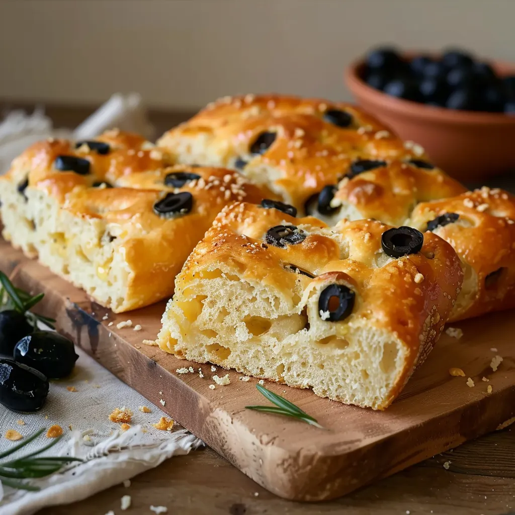 Herb-infused focaccia bread baked in a loaf tin, perfect for slicing and serving.