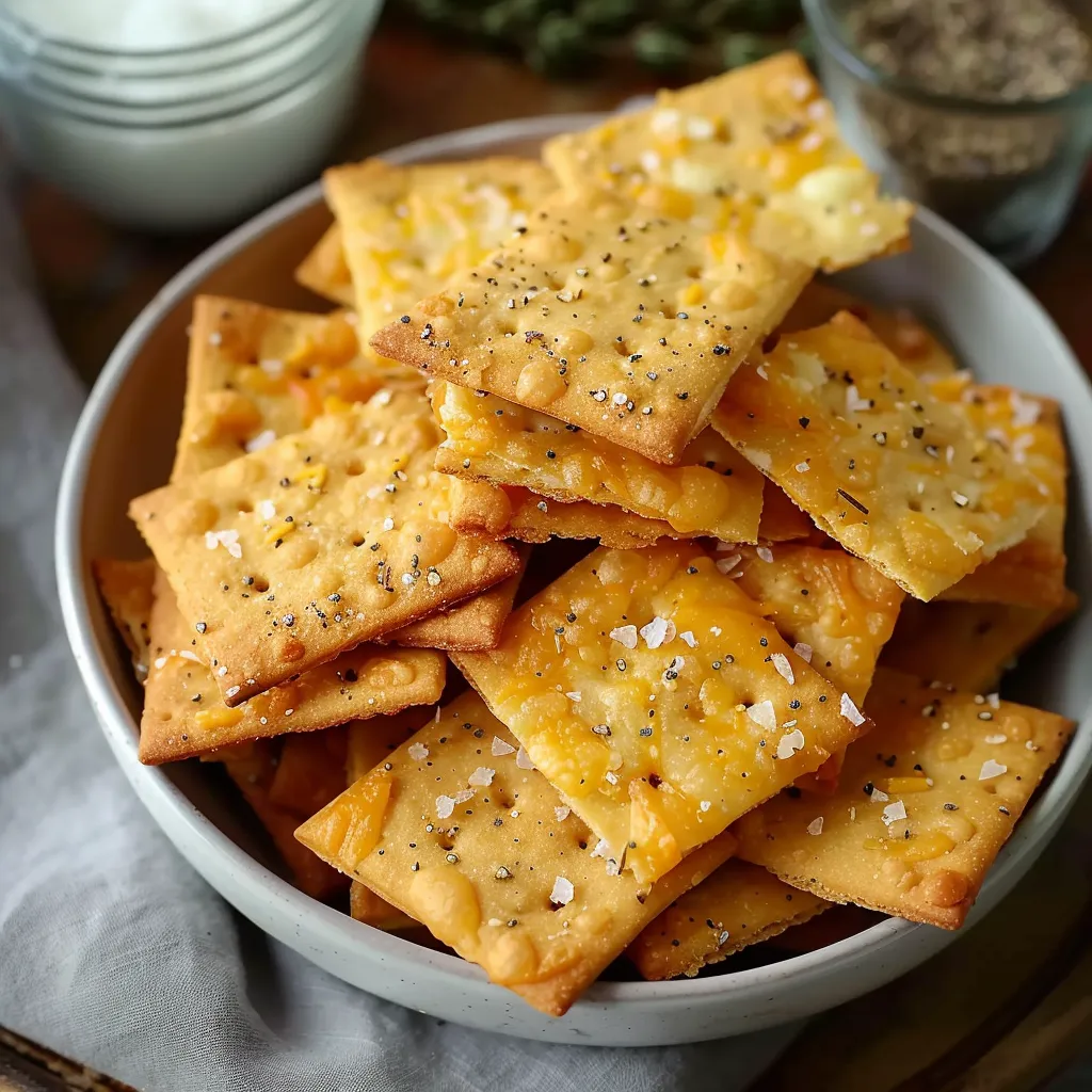 Savory sourdough cheese crackers baked to crunchy perfection.