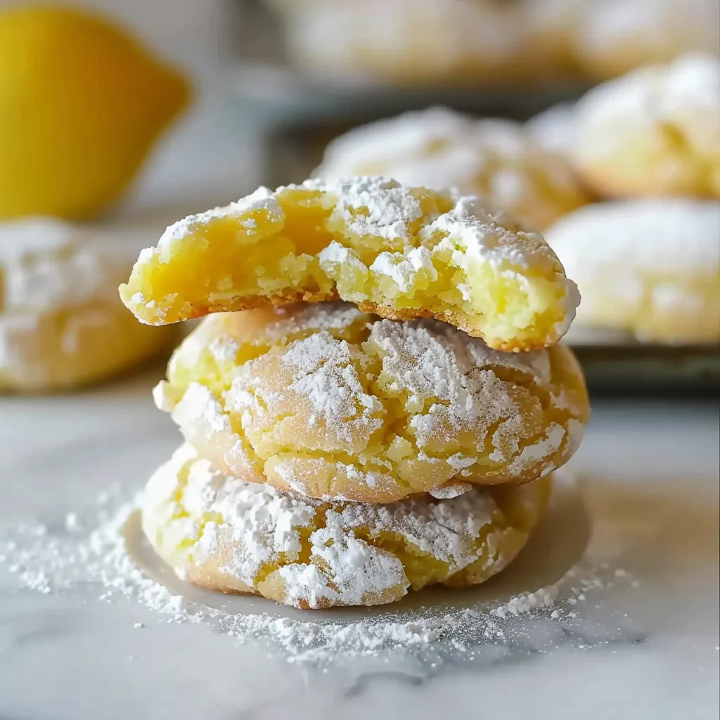 Freshly baked lemon crinkle cookies dusted with powdered sugar and a sourdough twist.