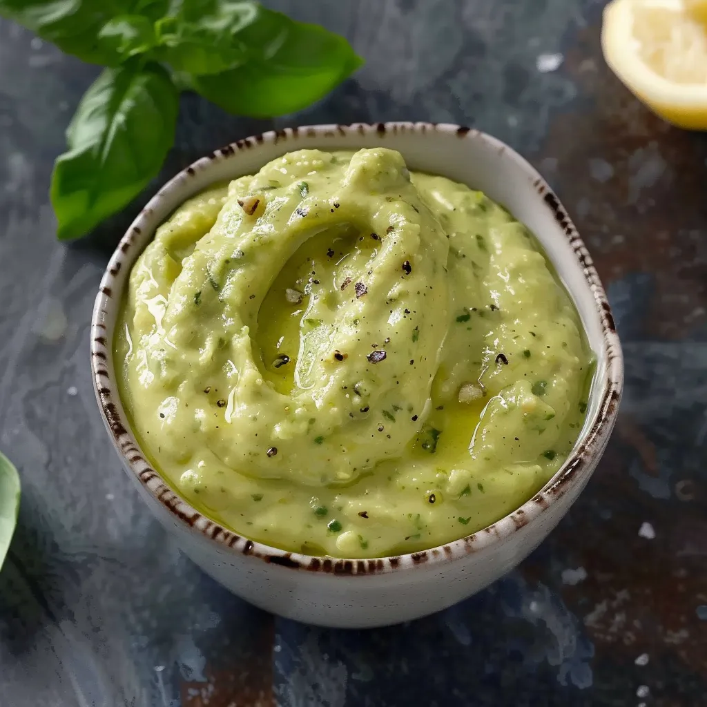 Creamy pesto aioli with fresh basil and garlic, perfect for sandwiches and dipping.