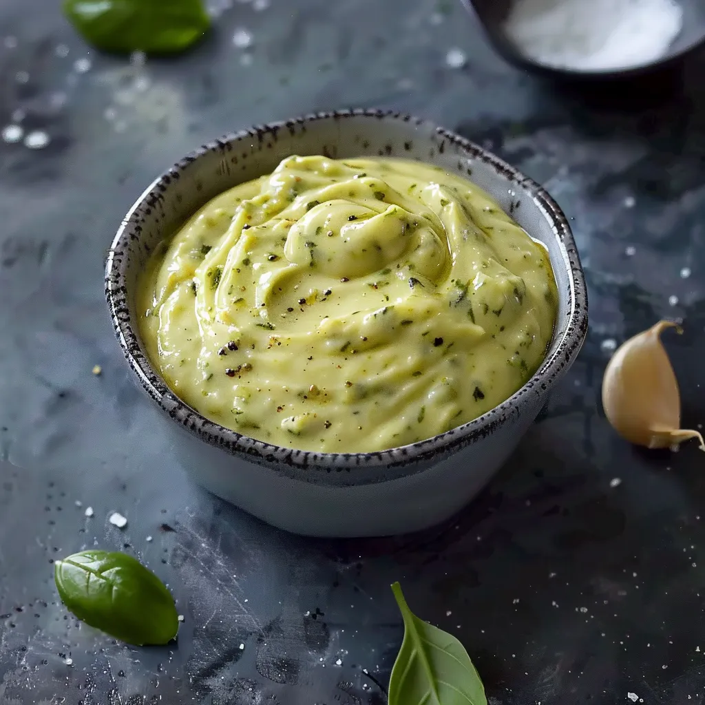 Homemade pesto aioli served in a bowl, a flavorful twist on classic aioli.